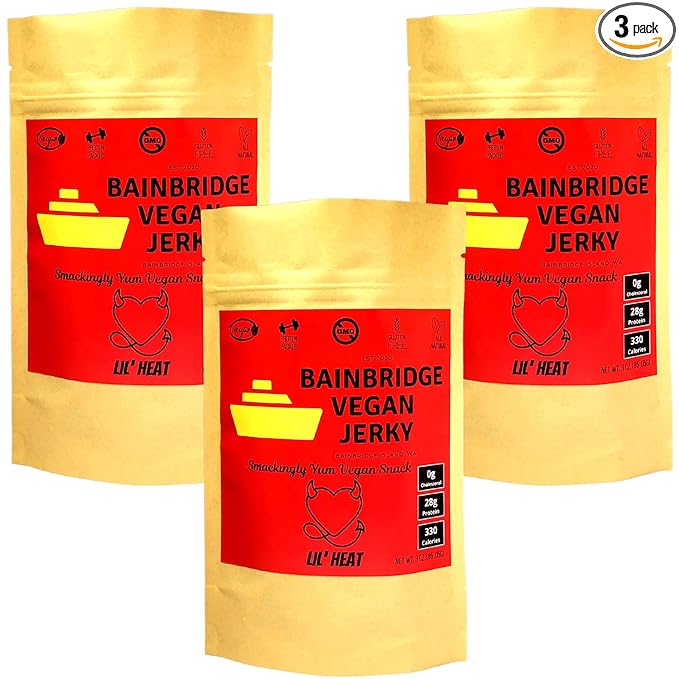 Bainbridge Vegan Jerky – Lil' Heat 28 Grams of Vegan Protein All Natural Non-GMO Gluten Free Vegan Snacks/Vegetarian Jerky 3 oz (Pack of 3)