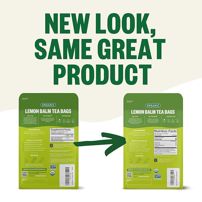FGO Organic Lemon Balm Tea 100 Count Eco-Conscious Herbal Tea Bags Resealable Bag Caffeine Free Packaging May Vary (Pack of 1)