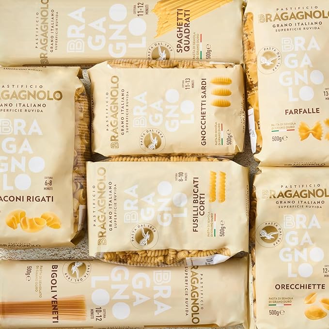 Sample Pack 2(Pastificio Bragagnolo) 1 Pound Bag of Spaghettoni 805 1 Pound Bag of Rigatoni 843 1 Pound Linguine 811 Bronze-Drawn 100% Italian Pasta Made with Durum Wheat Semolina Flour Non GMO