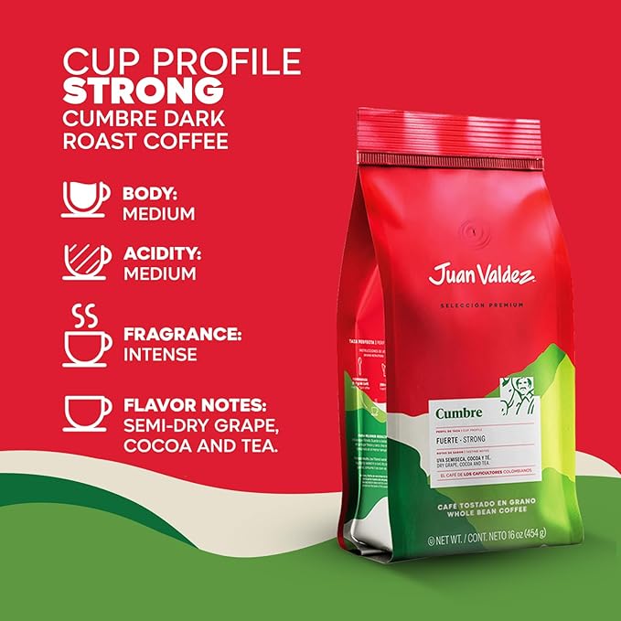Juan Valdez Cumbre Whole Bean Coffee Dark Roast 16 OZ - 100% Colombian Coffee - Expert Blend of Colombian Coffees with intense flavors and dry fruit notes
