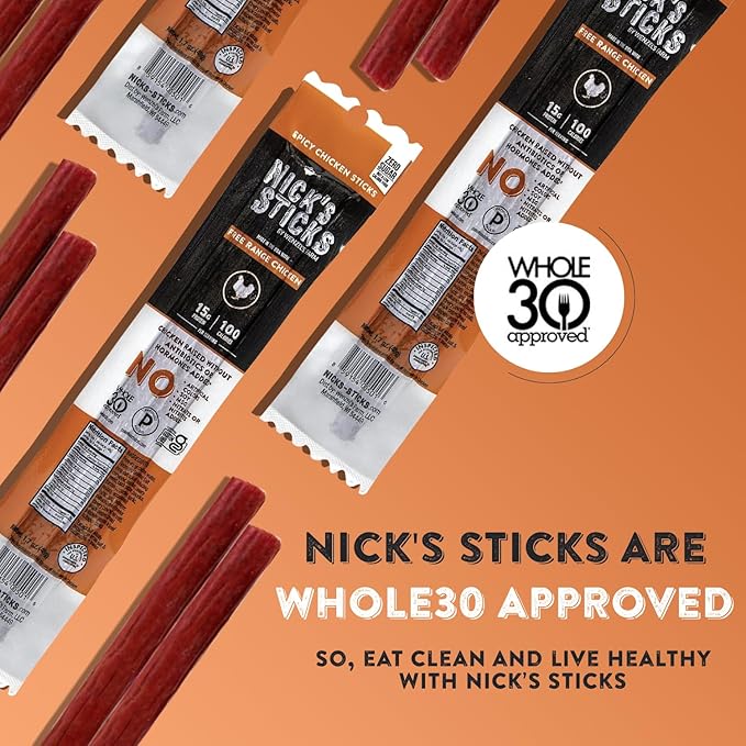 Nick's Sticks Spicy Free Range Clean &amp Balanced Chicken Snack Sticks | Made in the USA | Gluten Free | Paleo Keto Whole 30 Approved | No Soy Antibiotics or Hormones (25-1.7 oz. Packages of 2 st