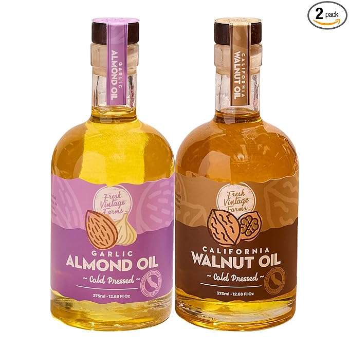 Fresh Vintage Farms Nut Bundle 100% Cold Pressed Walnut &amp Garlic Almond Cooking Oils | Cold Pressed &amp Nutritious Healthy Oils for Cooking Baking Dipping Salads &amp Marinades | 375ml Pac