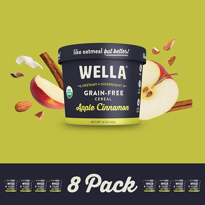 Wella Cereal Oatmeal Alternative Gluten-Free Breakfast Hot Cereal Grain-Free Paleo Organic Vegan High Protein Superfood Plant-Based Non-GMO Low in Net Carbs Single-Serve Cups Apple Cinnamon Flav
