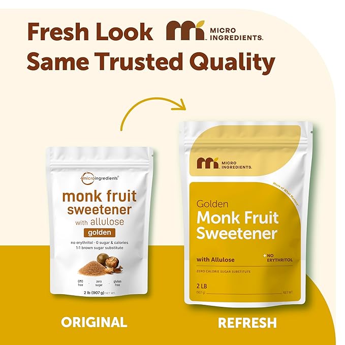 Micro Ingredients Golden Monk Fruit Sweetener with Allulose 2 lbs | 1:1 Brown Sugar Substitute No Erythritol No Aftertaste | Zero Calorie Sugar Alternative for Baking Coffee &amp Tea | Keto Vega