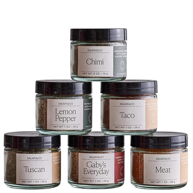 Dalkin &amp Co Mini Seasoning Discovery Set 6 Signature Spice Blends for Cooking and Gifting With Tuscan Chimi Taco Meat Lemon Pepper &amp Gaby’s Everyday Eco Friendly Reusable Jars