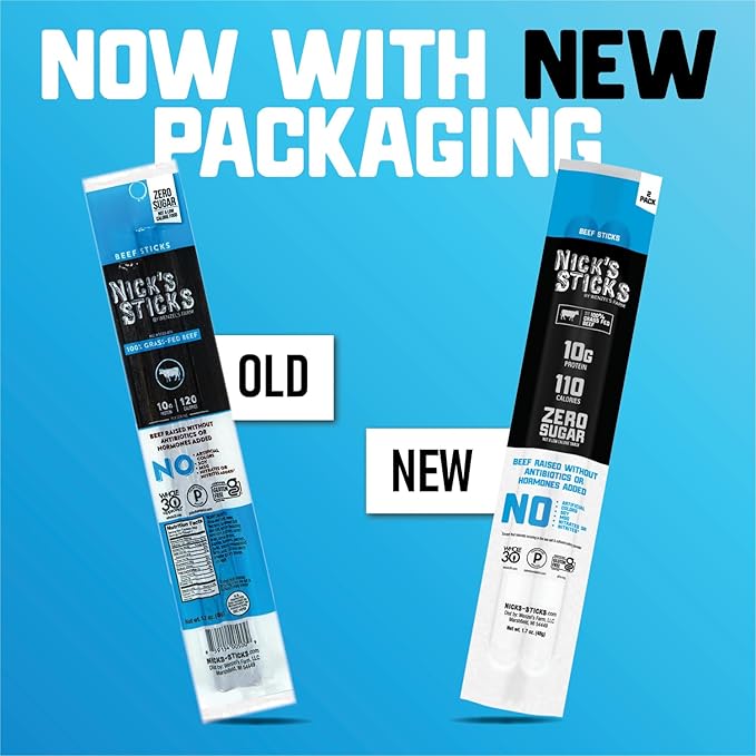 Nick's Sticks Clean &amp Balanced 100% Grass-Fed Beef Snack Sticks | Made in the USA | Gluten Free | Paleo Keto Whole30 Approved | No Soy Antibiotics or Hormones (12 – 1.7oz. Packages of 2 Sticks)