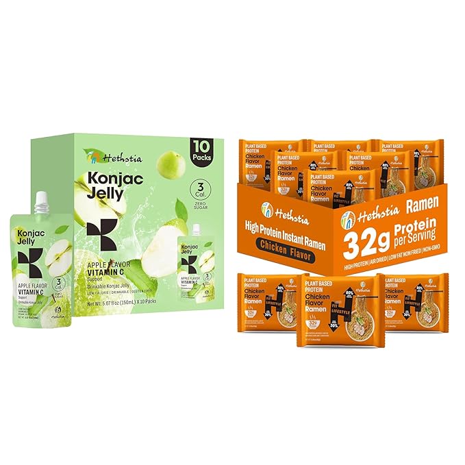 Hethstia High Protein Chicken Ramen 6-Pack and Konjac Jelly Apple Flavor – 10 Packs Drinkable Fruit Jelly Squeeze Pouches
