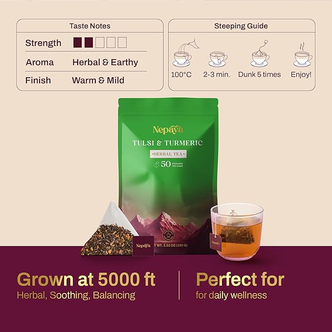 Nepaya Tulsi &amp Turmeric Herbal Tea Bag – 50 Pyramid Tea Bags Holy Basil with Cinnamon &amp Black Pepper Biodegradable Caffeine-Free Himalayan Blend