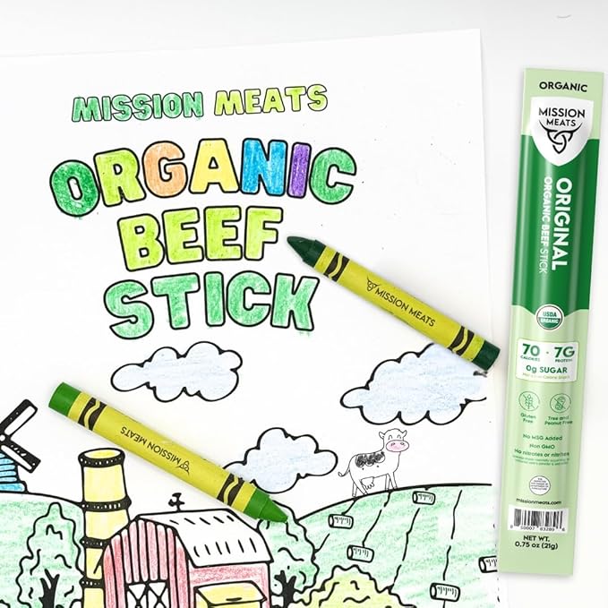 Mission Meats 100% Certified Organic Beef Sticks – Pasture-Raised Zero Sugar Non-GMO Healthy Individually Wrapped Meat Sticks Snack 0.75oz (24ct)