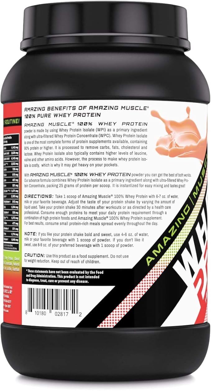 Amazing Muscle 100% Whey Protein Powder *Advanced Formula with Whey Protein Isolate as a Primary Ingredient Along with Ultra Filtered Whey Protein Concentrate (Strawberry 2 lb)