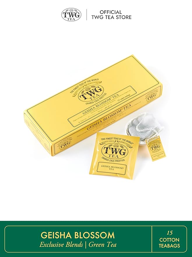TWG Tea | Geisha Blossom Tea | Green Tea | Passionfruit &amp Marigold Petals | 15 Hand Sewn Cotton Teabags | Gift Set