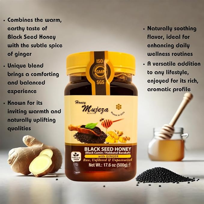 Black Seed Honey with Ginger - Not Mixed with Oil or Powder - Gluten Free - Non GMO - Immune Booster - 100% Natural Raw Honey 500g / 17.6oz