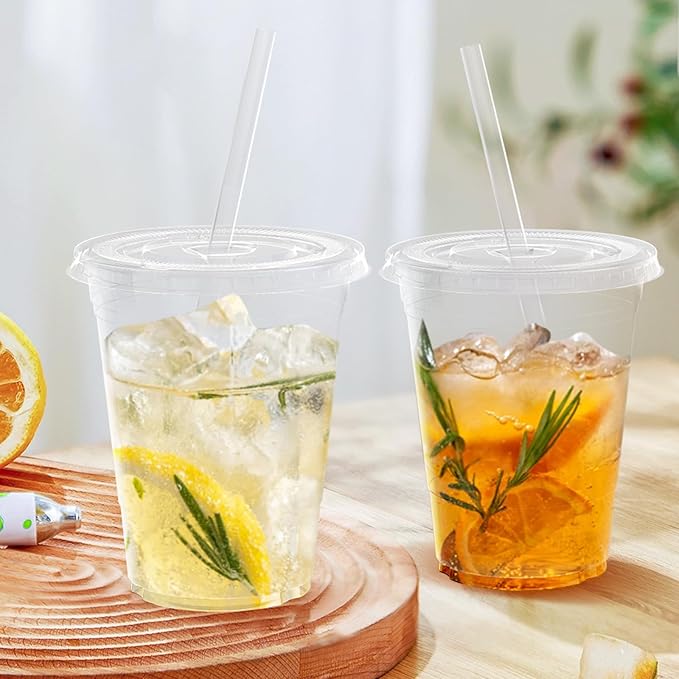 100 Pack - 16 oz Clear Plastic Cups with Lids and Straws Sturdy &amp Food Safe Iced Coffee Cups with lids Disposable Plastic Smoothie Cups for Cold Drinks