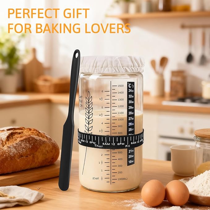 57oz Sourdough Starter Jar Kit Extra Large Capacity Sourdough Jar Wide Mouth Sourdough Bread Starter Kit for Perfect Sour Dough Bread Glass Jar for Baker (Black)