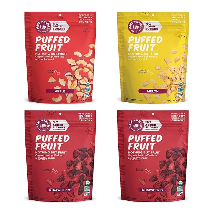 Made In Nature Organic Puffed Fruit Variety Pack 1.1 Ounce Bag (Pack of 4) - Includes 2 Strawberry 1 Apple 1 Melon