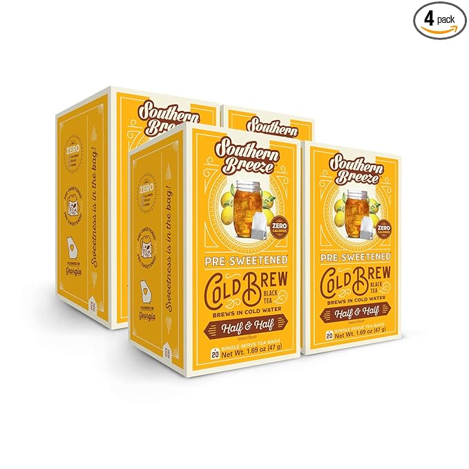 Southern Breeze Cold Brew Sweet Tea Half and Half Iced Tea with Black Tea and Zero Carbs Zero Sugar 20 Individually Wrapped Tea Bags Pack of 4