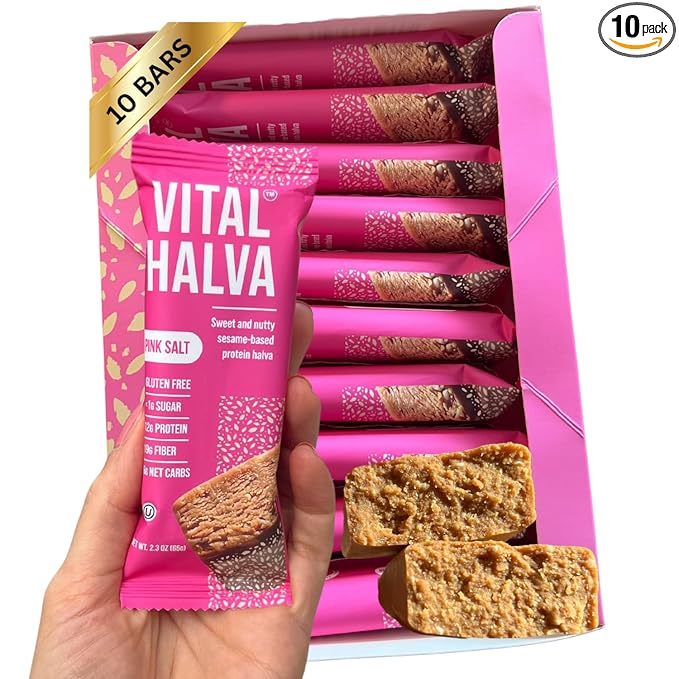 Vital Halva Gut-Friendly Sesame Bar 19g Fiber 12g Protein &lt1g Sugar Gluten-Free Vegan Snack - Pink Salt 65g (Box of 10)