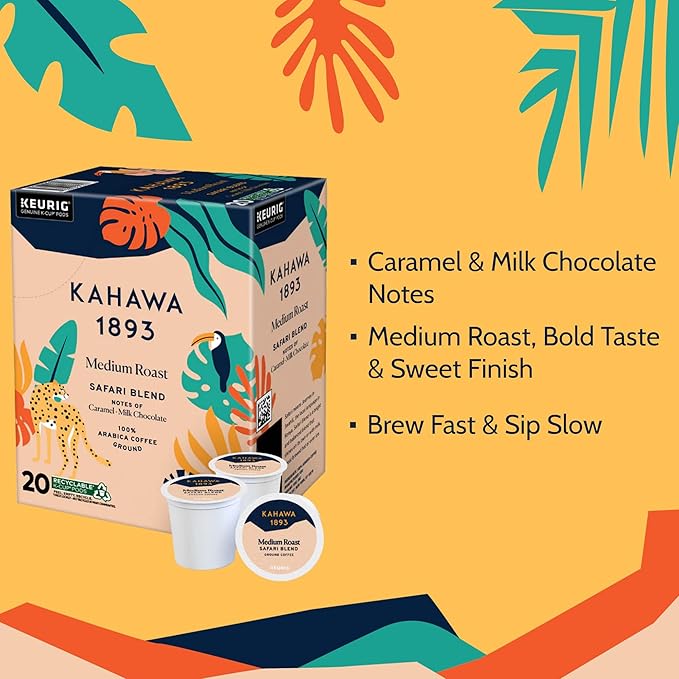 Kahawa 1893 Medium Roast Coffee K-Cup Pods Safari Blend (20 Count) - As Seen on Shark Tank High Antioxidants Naturally Sweet Organically Grown &amp Cultivated Ethically &amp Sustainably Sourced