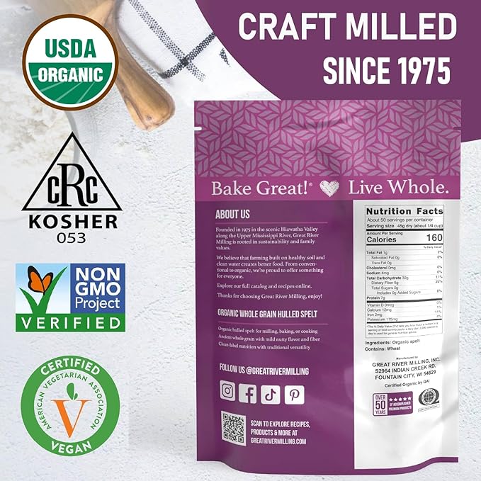 Great River Milling Organic Hulled Spelt Berries | Ancient Whole Spelt Grain | High Fiber &amp Protein | Non-GMO &amp Kosher | Ideal for Baking Salads Pilaf &amp More | 5 Lb