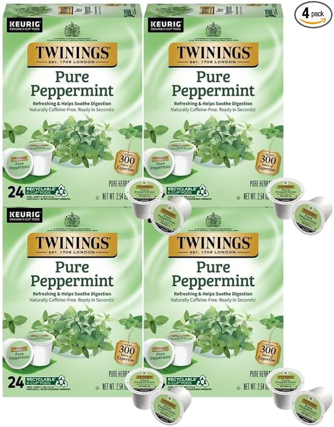 Twinings Pure Peppermint Tea Single Serve K-Cup Pods for Keurig Naturally Caffeine Free Made with 100% Pure Peppermint 24 Count (Pack of 4)