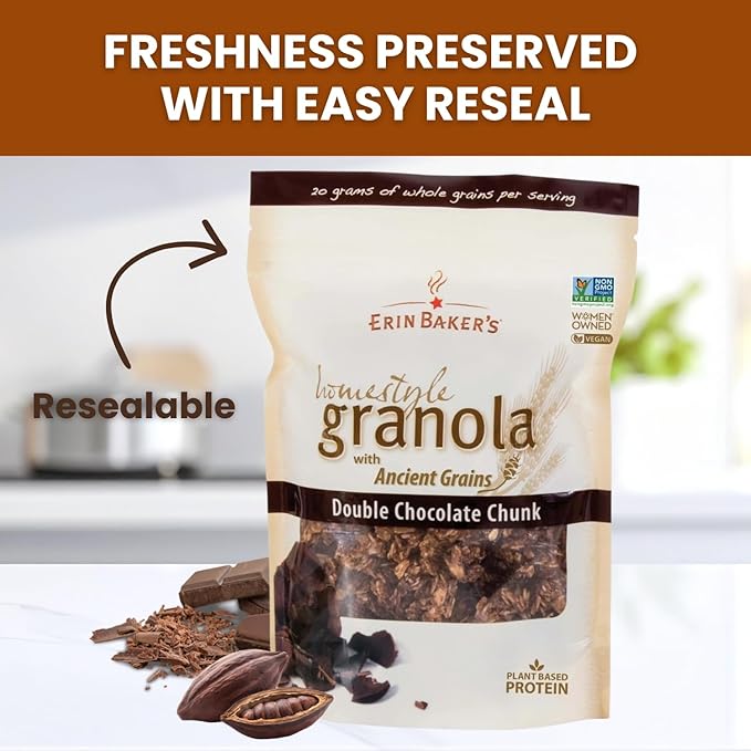 Erin Baker’s Homestyle Double Chocolate Granola with Ancient Grains - Made from Natural Ingredients Crunchy Versatile Snack or Cereal - Vegan Friendly Non-GMO Resealable 160oz Bag 1-Pack