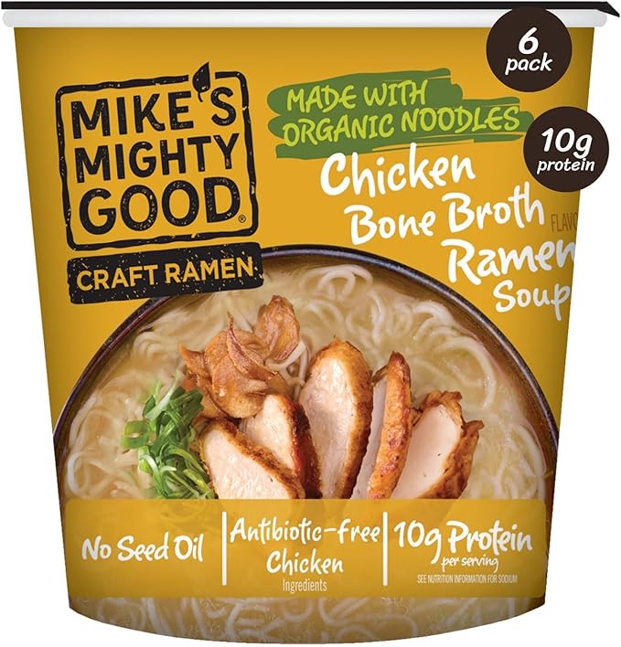 Mike’s Mighty Good Bone Broth Chicken Ramen Cup (Pack of 6) – 10g Protein Instant Ramen Noodles – Steamed Organic Noodles Non-GMO Seed &amp Palm Oil-Free – Antibiotic-Free Chicken Rich Broth