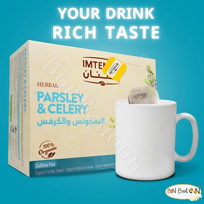bonballoon 1 Pack Imtenan Natural Drink Herbal Parsley And Celery Tea Bags (50 Bag) Herbals Herbs Egypt Arab Herb Arabic Non Gmo No Additives No Artificial Coloring Kosher Halal شاى البقدونس والكرفس