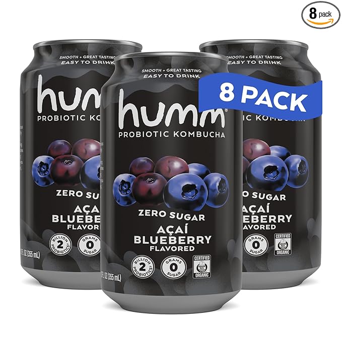 Humm Probiotic Kombucha Zero Sugar Acai Blueberry No Refrigeration Needed Keto Friendly Organic Vegan Gluten Free 12oz Cans (8 Pack)