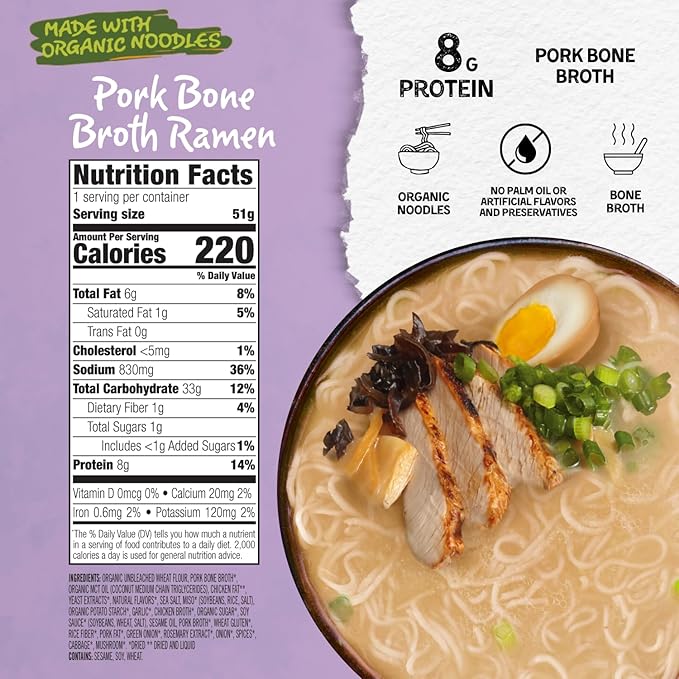 Mike’s Mighty Good Bone Broth Pork Ramen Cup (Pack of 6) – 8g Protein Instant Ramen Noodles – Organic Steamed Non-GMO - Canola Vegetable &amp Palm Oil-Free – Simple Ingredients Ridiculously Rich B