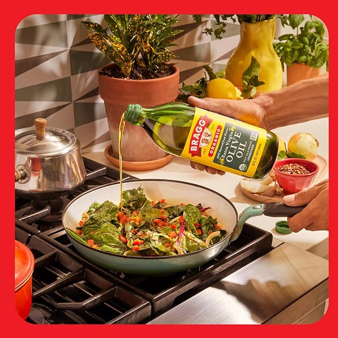 Bragg Organic Extra Virgin Olive Oil – Made with Greek Koroneiki Olives – Cold Pressed EVOO for Marinades &amp Vinaigrettes – USDA Certified Non-GMO Kosher (128 fluid Ounce)