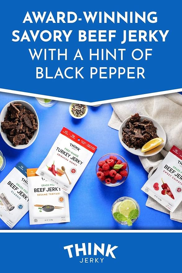 Think Jerky Classic Beef Jerky Grass-Fed High Protein Beef Jerky Gluten Free No Antibiotics or Nitrates Healthy Chef Crafted Recipe Low Calorie and Low Fat - 2.2 oz Bags 4 Pack
