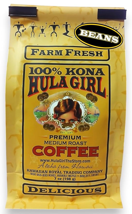 Hula Girl 100% Kona Coffee Grown in Hawaii Hand Picked Sun Dried Fresh Roasted and Packed in Hawaii for 30 years Whole Bean 7 Oz (0.44 Lb) 198 Grams Bag