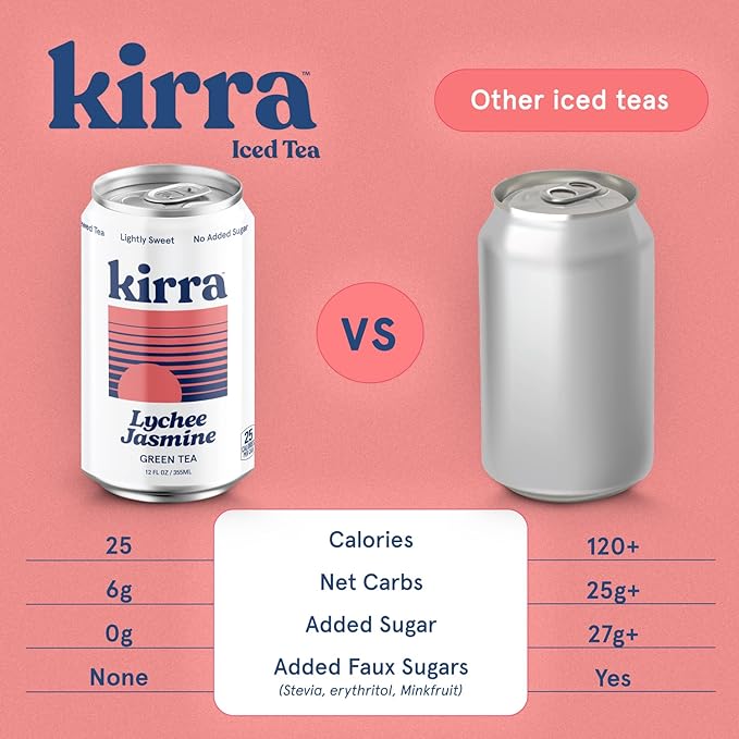 Kirra Organic Iced Tea 12 Pack - Lychee Jasmine Green Tea - Lightly Sweetened with Organic Juice - No Added Sugar or Artificial Sweeteners - Ice Tea Cans - Iced Green Tea with Lychee Tea Flavor