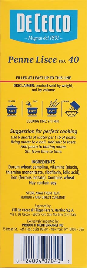 De Cecco Pasta Penne Lisce No.40 1 Pound (Pack of 12) - Made in Italy High in Protein &amp Iron Bronze die
