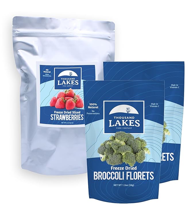 Thousand Lakes Freeze Dried Strawberries and Broccoli - 100% Sliced Strawberries 5 oz and 2-Pack Broccoli Florets 1.2 oz