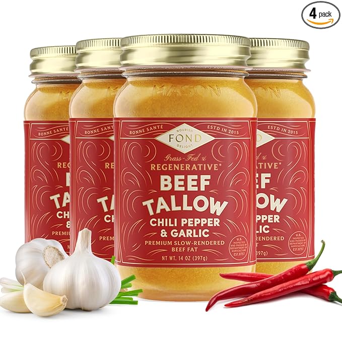 FOND Regenerative Grass-Fed Beef Tallow for Cooking – High Smoke Point Grass Fed Beef Tallow for Frying Sautéing &amp Roasting – Sustainably Sourced Seed Oil Free – Chili and Garlic 14oz (4-Pack)