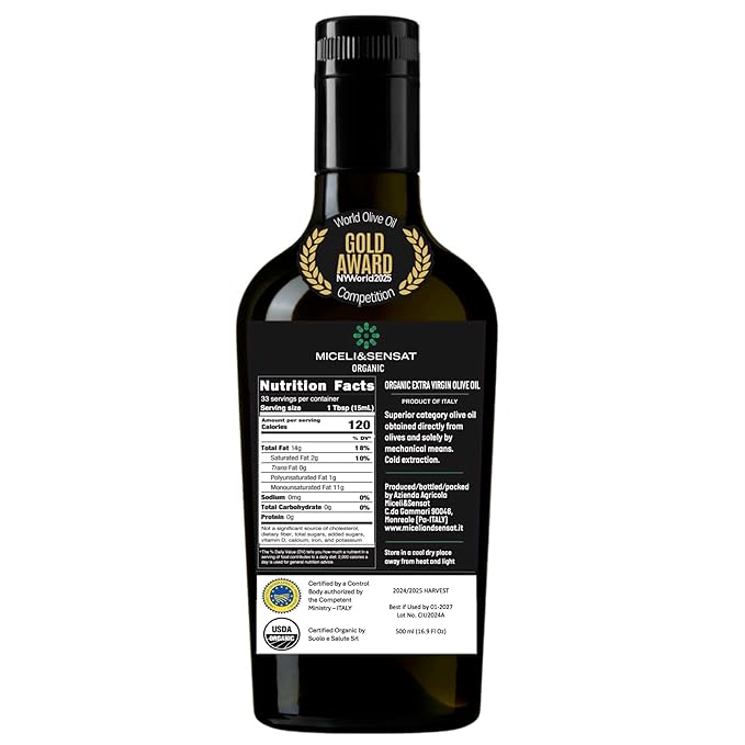 Fruity Medium Organic 500+ mg/kg Polyphenols Rich Italian Extra Virgin Olive Oil from Italy 2025 Gold Award High Antioxidants Peppery Finish Sicily Certified Origins Cold Pressed - 16.9 fl oz