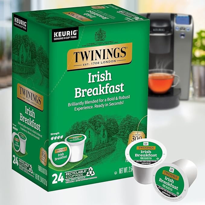 Twinings Irish Breakfast Tea K-Cup Pods for Keurig Caffeinated Black Tea Robust Strong Bold Flavour 24 Count (Pack of 2) Enjoy Hot or Iced