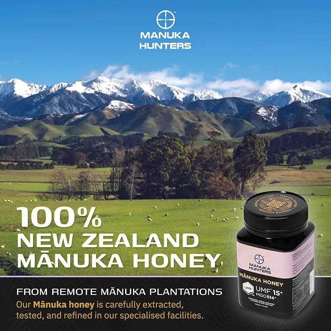 Manuka Hunters UMF 15+/MGO 514+ Certified New Zealand Manuka Honey - 100% Pure Natural Sweetener - Gluten Dairy Free - Ideal for Tea Coffee Smoothies and Baking - Sustainable - 1.1lbs/500g Jar