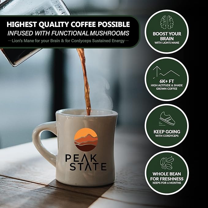 Peak State Brain Sustain Coffee with Benefits Light Roast – Mushroom Coffee Low Acid &amp Smooth Sweet Citrus &amp Lemon Organic Whole Bean Gluten Free 12 oz. Each