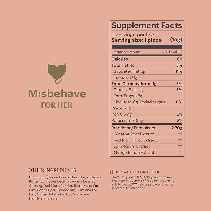 Misbehave Love Chocolate - Premium Dark Chocolate to Inspire Intimacy - Tailored Formula for Women | Vegan Gluten-Free