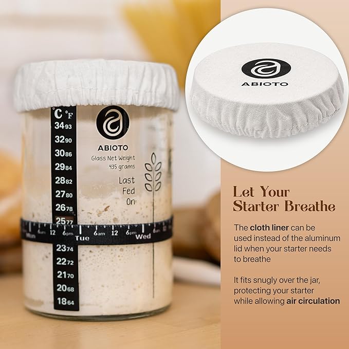 Sourdough Starter Jar Kit Includes 34 oz Sourdough Starter Jar with Metallic Lid Silicone Spatula Feeding Tracker Extra Thermometer Strips &amp Breathable Covers – Sourdough Bread Starter Kit