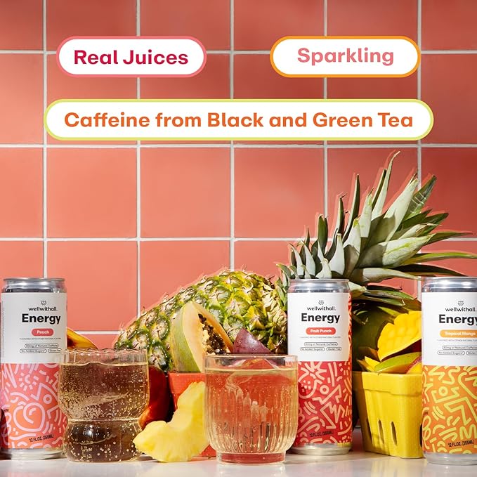 WellWithAll Energy Drink Variety Pack Fruit Punch Tropical Mango Peach Flavors Caffeine from Tea With Vitamin C Lightly Sparkling Beverage Juice Blend 12 oz 12-Pack
