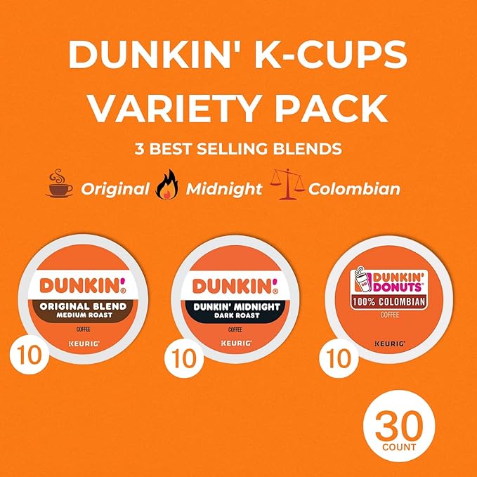 Dunkin K-Cups Coffee Variety Box - Original Blend 100% Colombian Midnight Dark Roast 30 Count with Recipe eBook