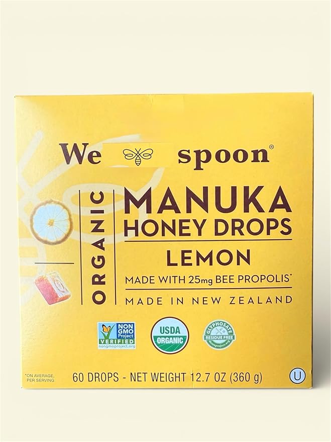 Manuka Honey Drops Lemon Flavor 25mg Bee Propolis USDA Organic Non-GMO 60 Drops 12.7 oz