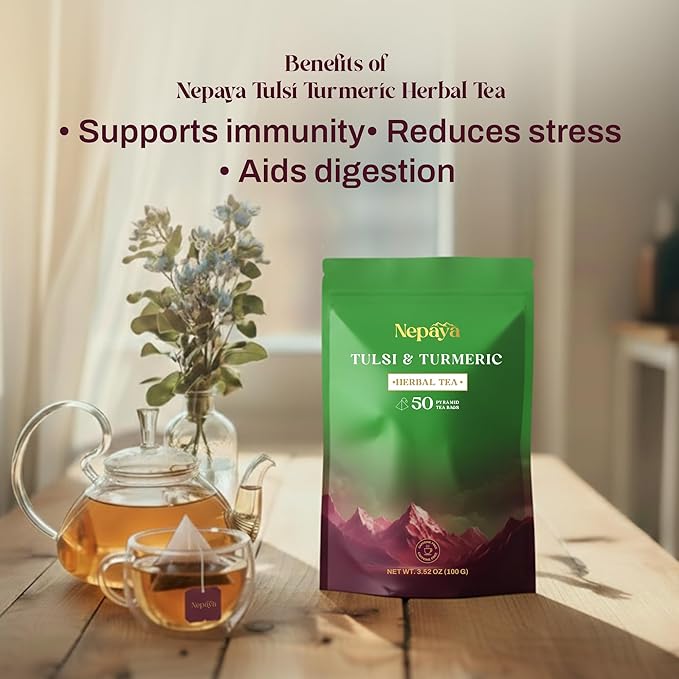 Nepaya Tulsi &amp Turmeric Herbal Tea Bag – 50 Pyramid Tea Bags Holy Basil with Cinnamon &amp Black Pepper Biodegradable Caffeine-Free Himalayan Blend