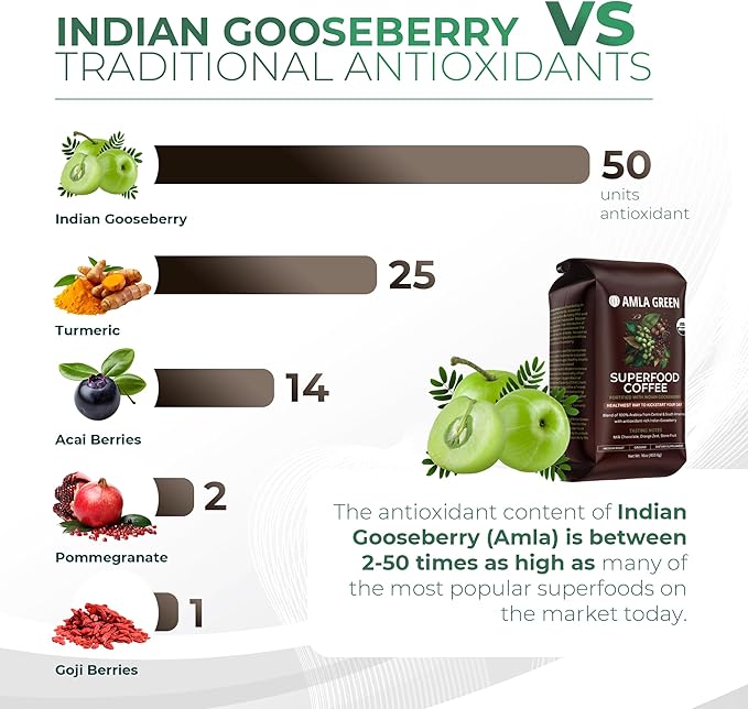 Amla Green Organic Ground Superfood Coffee Medium Roast Gourmet Coffee with Antioxidant Rich Indian Gooseberry 100% Arabica Special with Amla Benefits 16 Oz