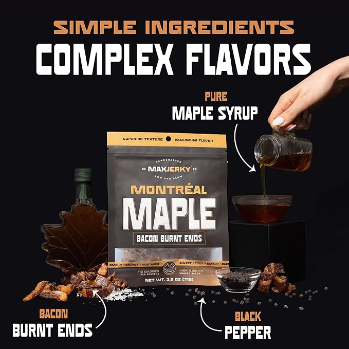MaxJerky Montreal Maple Bacon Burnt Ends Smoked Bacon Jerky 2.5 OZ (4 Pack)
