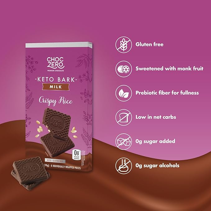 ChocZero Milk Chocolate Crispy Rice Bark No Added Sugar Low Carb High Fiber Keto Friendly No Sugar Alcohols (4 Count 3.2oz Boxes)