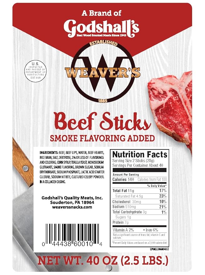 Weaver’s Beef Sticks (80 original mild flavored 7” beef sticks per 40oz bag)